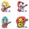 Four cartoon dogs playing guitars, colorful musical animal characters. Cute animated dogs