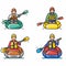 Four cartoon people kayaking, different color life vests kayaks, wearing helmets. Simple line