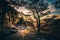 Four castles view, RÃ¶tzenfels, a sandstone rock with a cross and a tree. Sunrise, fog, Palatinate Forest, Germany. landscape shot