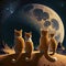 Four cats sitting on the desert watching the moon. Generative AI