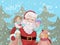 Four children embrace and play with Santa Claus. Santa holds on hands of children. The wood and snow against the