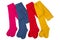 Four children`s multi-colored tights folded in half, lie in a row, on a white background