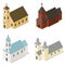 Four churches, different designes, vector isometric city architecture