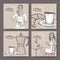 Four coffee house labels with barista, coffee cup, moka pot, croissant and lady client.