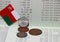 Four coins of Rial Omani money with mini Oman flag on the book bank. Concept of Saving money
