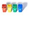 Four color coded recycle bins, isometric projection on geometric rainbow paper background with copy-space. Recycling sign on the