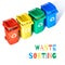 Four color coded recycle bins. Recycling sign on the bins - red, blue, yellow and green isolated on white. Waste separation.