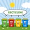 Four Color Recycle Bins Cartoon Character On A Sunny Hill With Speech Bubble And Text Recycling