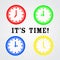 Four color time clock ison design and word it`s time, vector ill