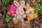 Four colored plush toys made of hares and bears