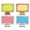 Four colorful handdrawn monitors, different screen colors yellow, orange, pink, blue. Sketch style