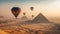 Four Colorful Hot Air Balloons Above The Egyptian Pyramids in Giza, Egypt - Generative AI
