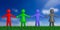Four colorful human figures on grass, nature, holding hands, blue sky background. 3d illustration