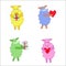 Four colorful isolated sheep with heart and gift.
