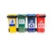 Four colorful trash cans (garbage bins) on white background.