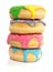 Four colorful vertical donuts