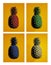 Four coloured pineapples on yellow background