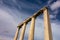 Four columns in Hadrians Library in Athens, Greece with blue sky