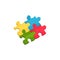 Four connected pieces of puzzle. Cartoon icon of children s jigsaw. Educational game for kids. Colorful flat vector