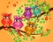 Four couples of owls sitting on branches. Nice elements for scrapbook, greeting cards, invitations, Valentine\\\'s cards etc