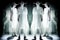 Four cows in long white dresses stand , concept of Bovine beauty, created with Generative AI technology