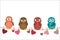 Four cute colored owlet sitting on a string. A red hearts