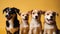 Four cute puppies in a happy mood on yellow bckground