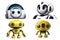 Four cute yellow and white robots are smiling. With a round head and a cubic body on a transparent background.