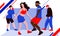 Four dancers rehearsing hip-hop dance or street dance style turfing, krump, jazz-funk choreography in dance class. Bright print-re
