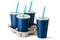 Four dark blue takeout cups with a cup holder