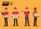 Four delivery man employee in red cap blank t-shirt uniform hold empty cardboard, box, and paper bag isolated