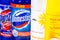 Four different brands of bleach bottles. Parozone, Domestos, Wilko, and Sainsbury`s.