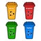 Four different colored recycling bins