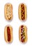 Four different hotdogs on paper holders with different condiment toppings isolated on white