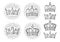 Four different king crowns. Engraving vintage vector black illustration