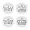 Four different king crowns with rays. Engraving vintage vector black illustration