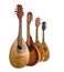 Four different mandolins arranged vertically. Isolated on a white background