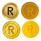 Four different style gold coin with rand currency symbol vector set