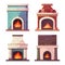 Four different styles fireplaces illustrated warm cozy home interiors. Traditional, modern