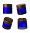 Four different views of frosted blue glass cream jar with wooden cap, 3D render cosmetic product packaging isolated on