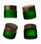 Four different views of frosted green glass cream jar with wooden cap, 3D render cosmetic product packaging isolated on