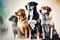 Four dogs posing in row with watercolor. Digital art design painting like