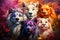 four dogs are standing in front of a colorful background