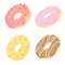 Four doughnuts with pink, yellow, red and chocolate icing isolated on white background