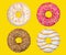 Four doughnuts on a yellow isolated background