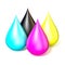 Four drops of printer ink. CMYK concept 3D