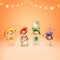 Four Dutch Sinterklaas helpers - celebrate holidays - vector illustration on orang background with lights