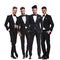 Four elegant young men in tuxedos standing together