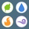 Four Elements: Fire, Water, Earth, Air. Nature Element Stickers. Vector illustration for your design.