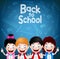 Four Enjoy Cute Student Characters Wearing School Bag on Blue Background